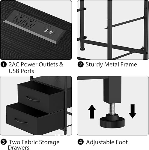 Miniatura 7 de YBING Mesita de noche con estación de carga, mesa auxiliar con 2 cajones de tela, con puertos USB y tomas de corriente, moderna mesita de noche con