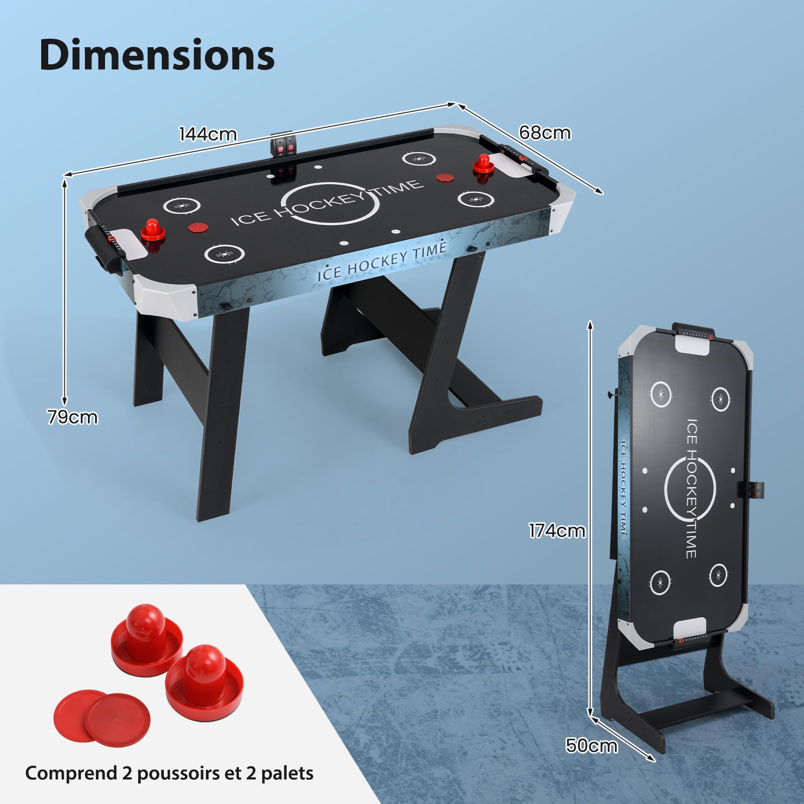 COSTWAY Table de Hockey à Air Pliable avec Marqueur Électronique LED & Ventilateur 12V, Table de Jeu Compact de 144cm avec 2 Palets & 2 Poussoirs, Air Hockey pour Adultes et Enfants