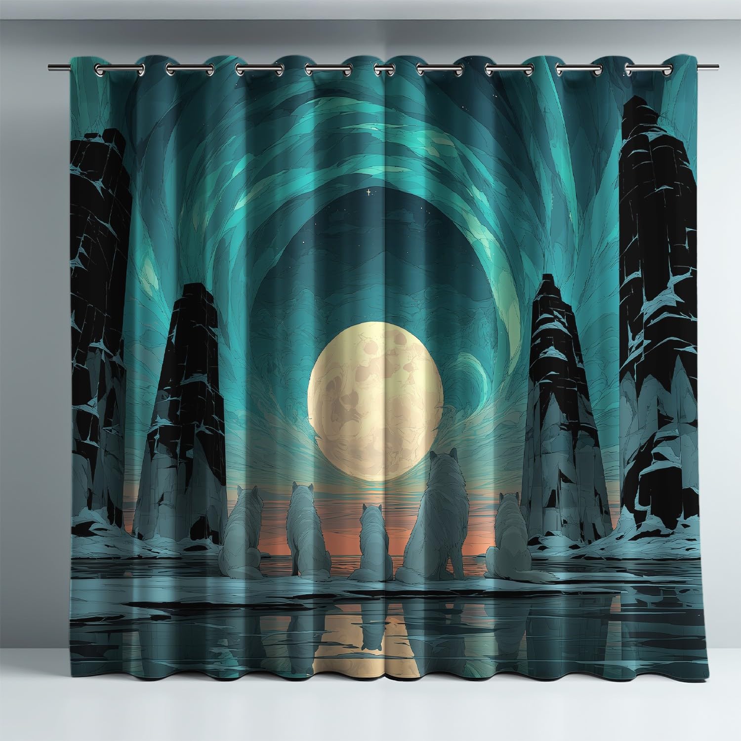 Genérico Anime Zasłony zaciemniające z przelotkami cyjan marzyciel aurora wilk Tenda per home interni Morbide mikrofibra do salonu sypialni 2 sztuki 132 szer. x 160 cm cm