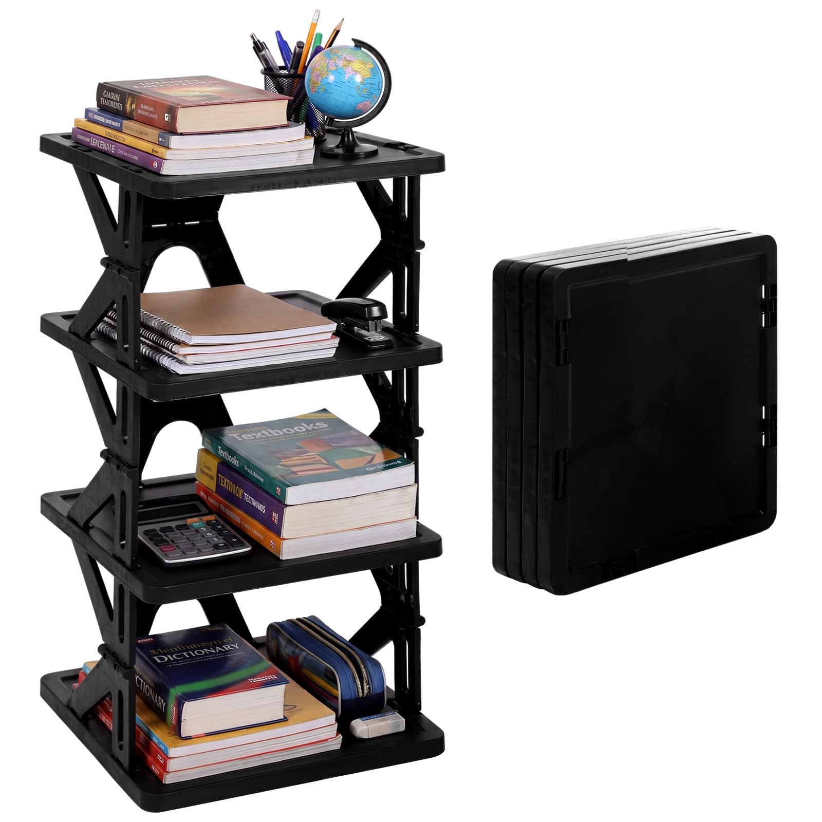 Casier de rangement pliable noir et étagère de bureau 4 niveaux portable