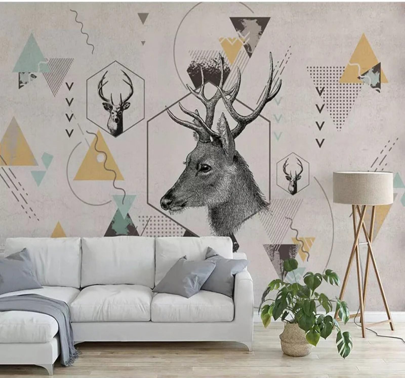 Retro Hand Drawn Unique Geometric Reindeer 3D Wallpaper Easy Install Feature Office Living Room Sofa Bedroom TV Background Wall Decoration-400cm×280cm