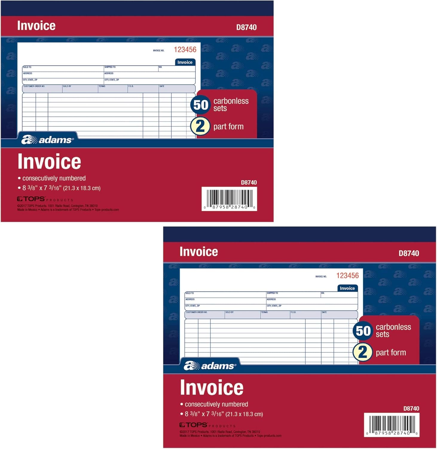 Adams Invoice Book, 2 Part, Carbonless, 8.38 x 7.19 Inches, 50 Sets per Book, White