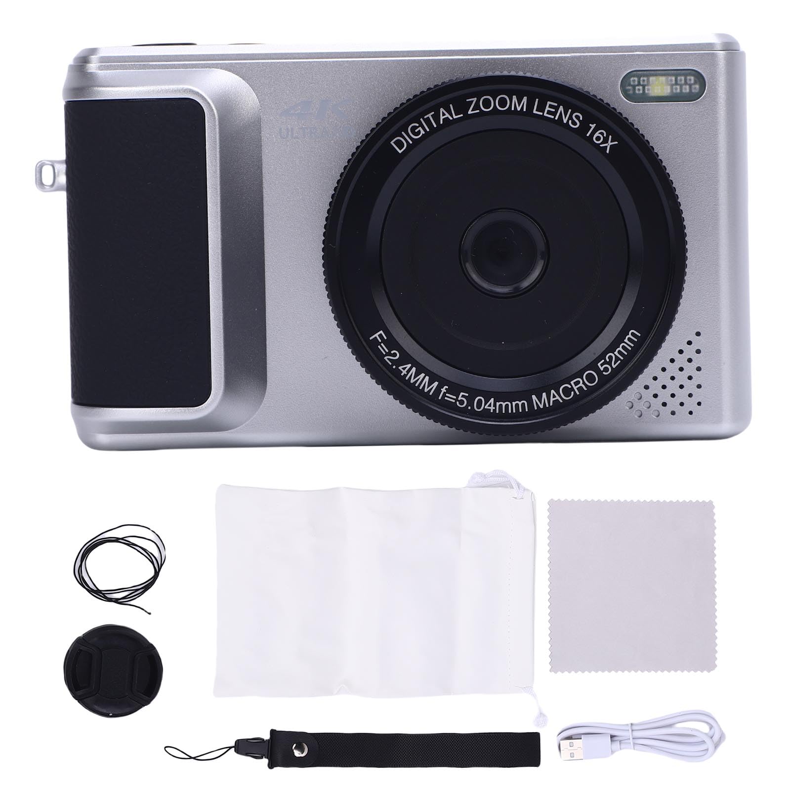 Fabater Fotocamera Digitale 4K per Fotografia, Fotocamera per Vlogging HD da 64 MP da Viaggio con Schermo Ribaltabile da 2,8, Zoom Digitale 16X, Messa a Fuoco Automatica, Videocamera da (SILVER)