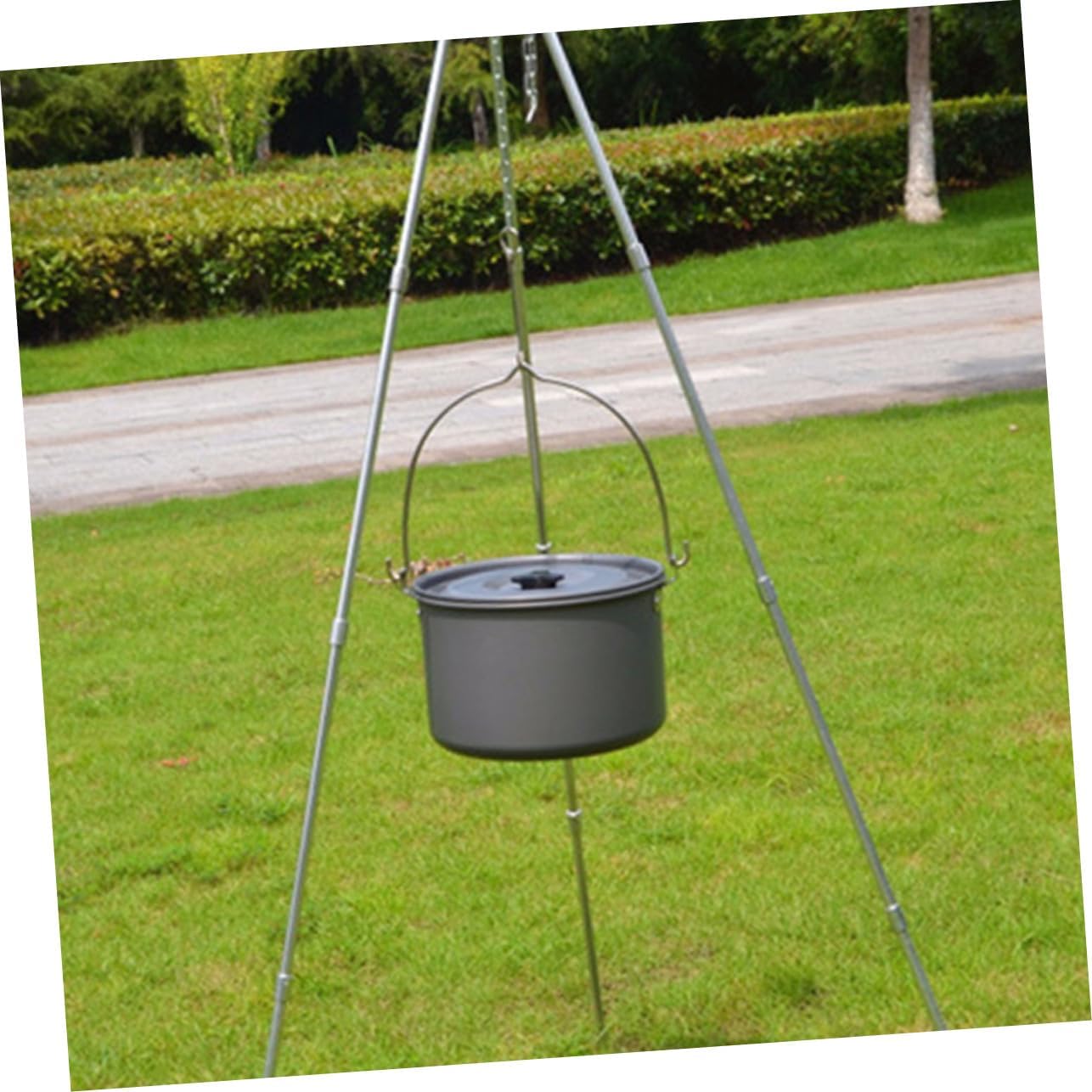 Portable Aluminum Camping Hanging Pot with Lid Large Person Outdoor Cooking Set for Bbqs Picnics Hiking Even Heat Distribution Multipurpose Casserole Pan for Family and Group