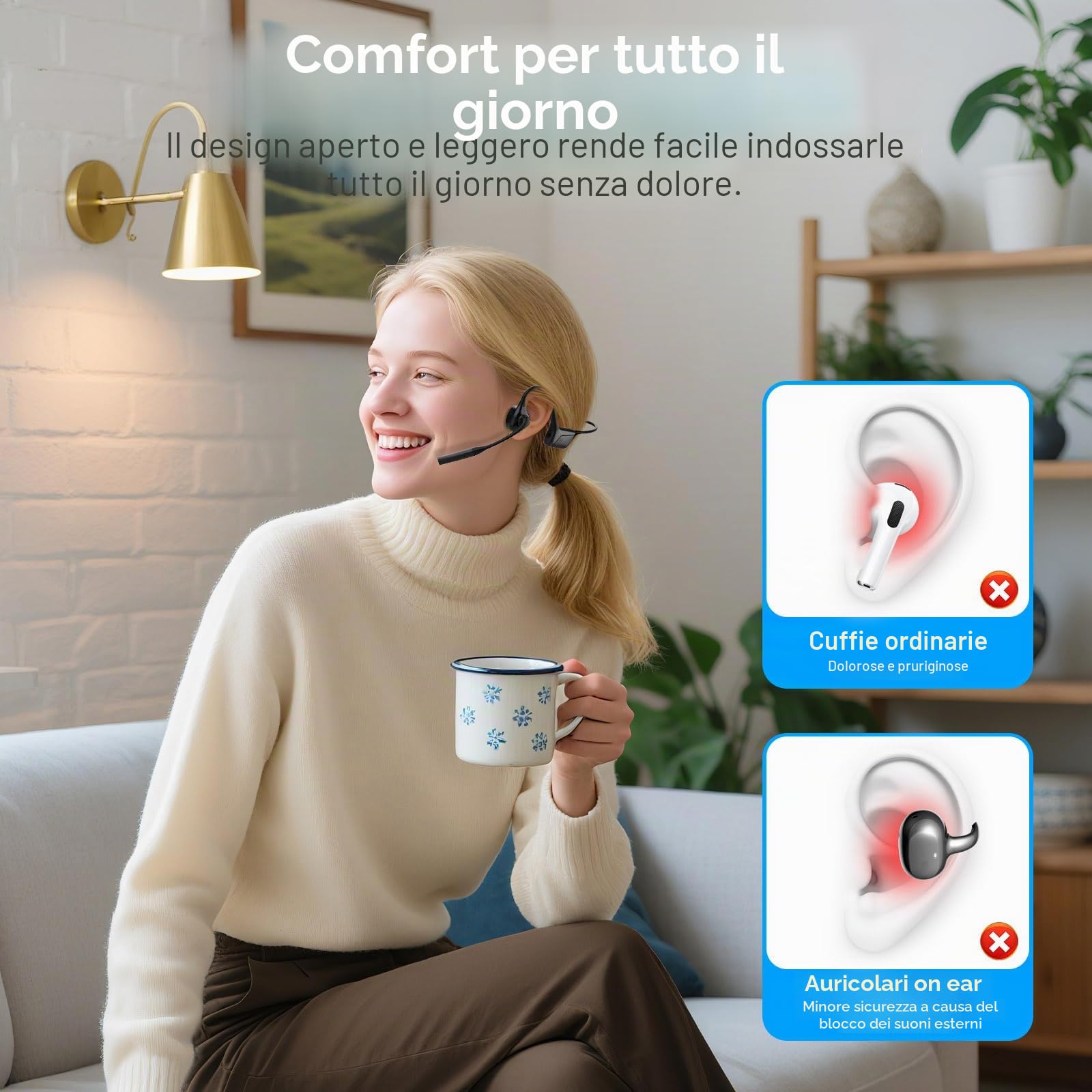 ZIOCOM Cuffie open ear, cuffie Bluetooth 5.1 con microfono, cancellazione del rumore ENC e pulsante muto, cuffie wireless AptX-LL leggere per la guida in ufficio e il lavoro a casa-10 ore (NERO) | AptX-LL - Cuffie wireless ENC con cancellazione del rumore