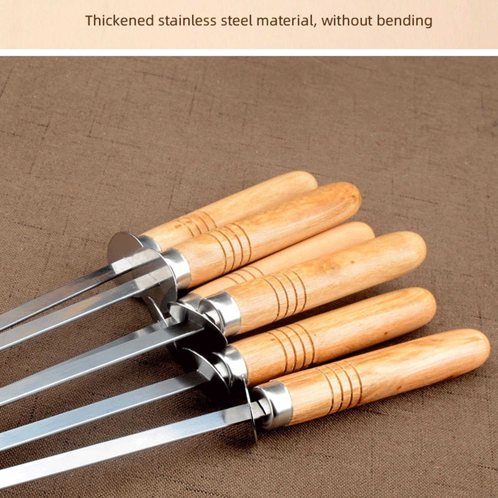 Lot De 6 Brochettes Réutilisables En Acier Inoxydable Avec Poignée En Bois | 40 Cm, Lame Plate, Pour Barbecue, Camping, Famille