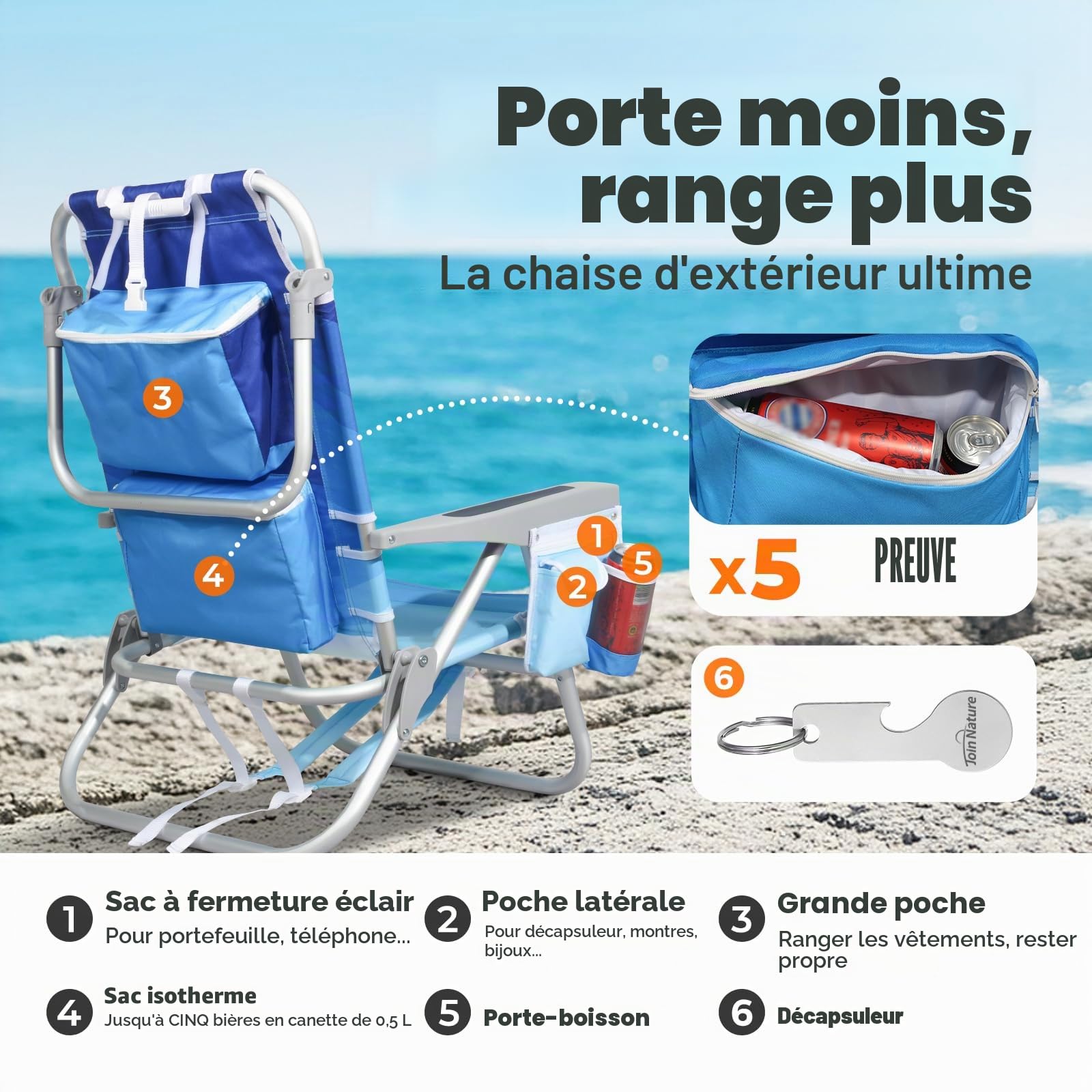 Homecall Chaise de plage pliable légère - Dossier réglable sur 5 niveaux - Fauteuil de plage pliable jusqu'à 136 kg - Pour la plage, l'extérieur (basse, vague bleue, 1 pièce)
