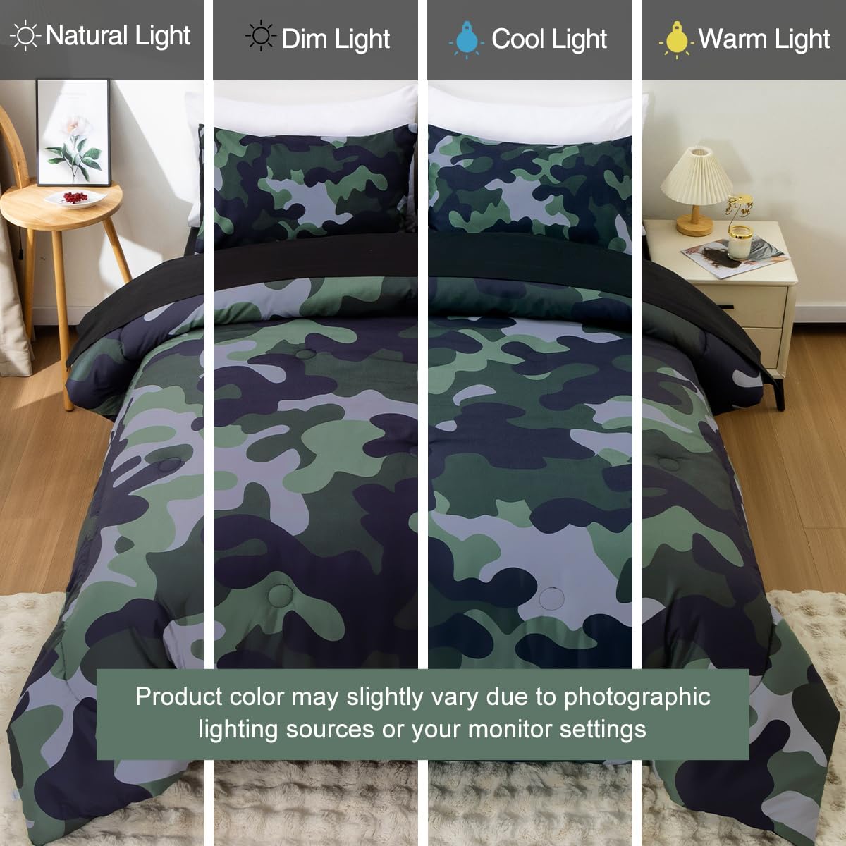 Holawakaka Full Size Camouflage Bedding Comforter Set with Sheets,Boys Girls Men Camo Bed in A Bag 5 Pieces,Kids Teens Dorm Bed Sets Neutral Farmhouse Lodge Cabin Army Bedspread (Dark Green,Full) - Image 7