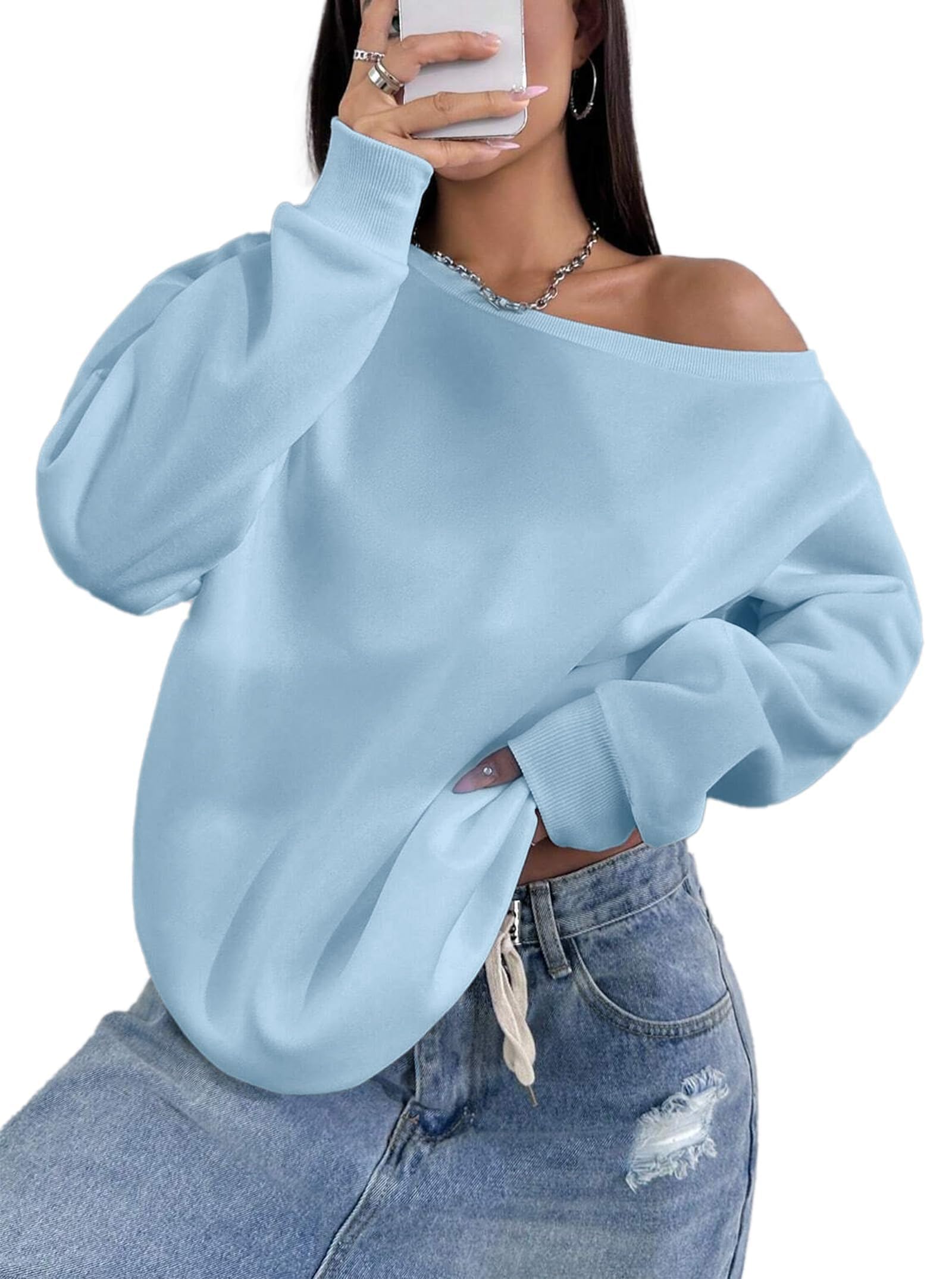 Remidoo Women's Off The Shoulder Sweatshirt Oversized Long Sleeve Top
