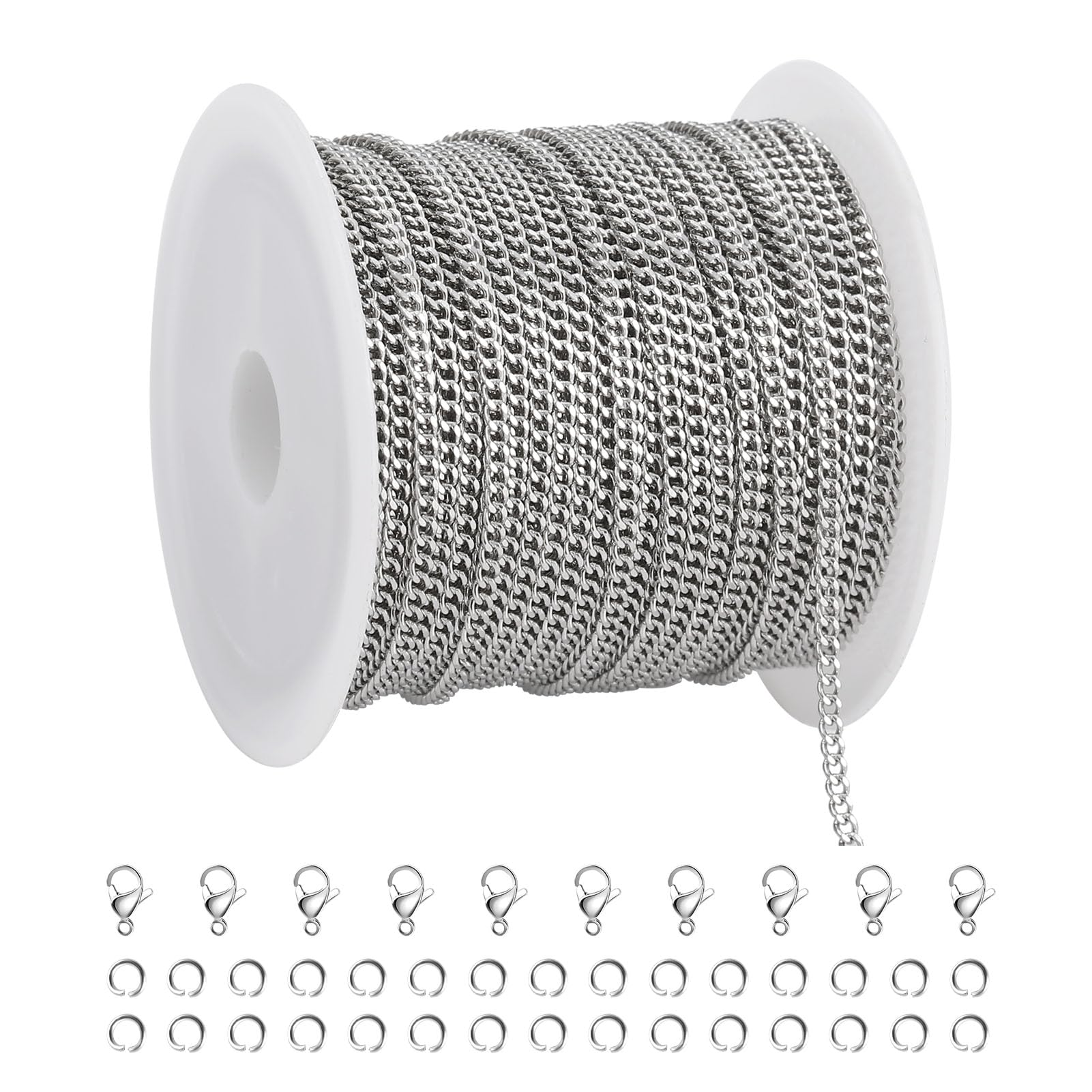 SMYHTGLIF 32.8 Feet Stainless Steel Chain for Jewelry Making Silver Curb Cuban Chain Bulk Jewelry Making Chains DIY Craft Chain Roll