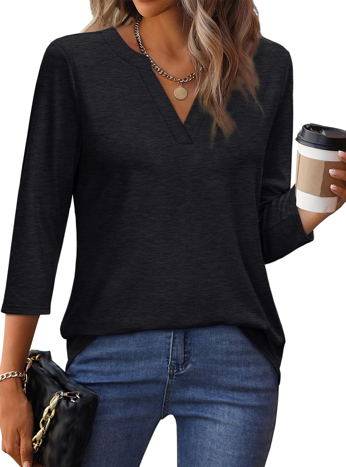 OFEEFAN 3/4 Length Sleeve Womens Tops V Neck Tunic Shirts Loose Curved Hem Blouses Dressy Casual S-3XL - Image 3