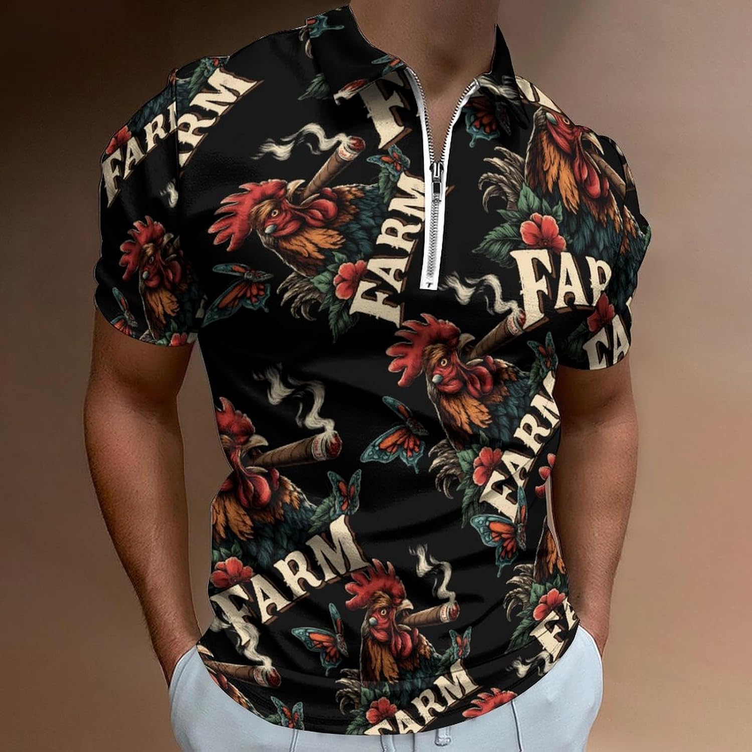 Farm Chicken Cock Men's Polo Shirts Golf Short Sleeve Tops | Casual Workout,Golf T-Shirt,Zippered Tee,Collared,Print
