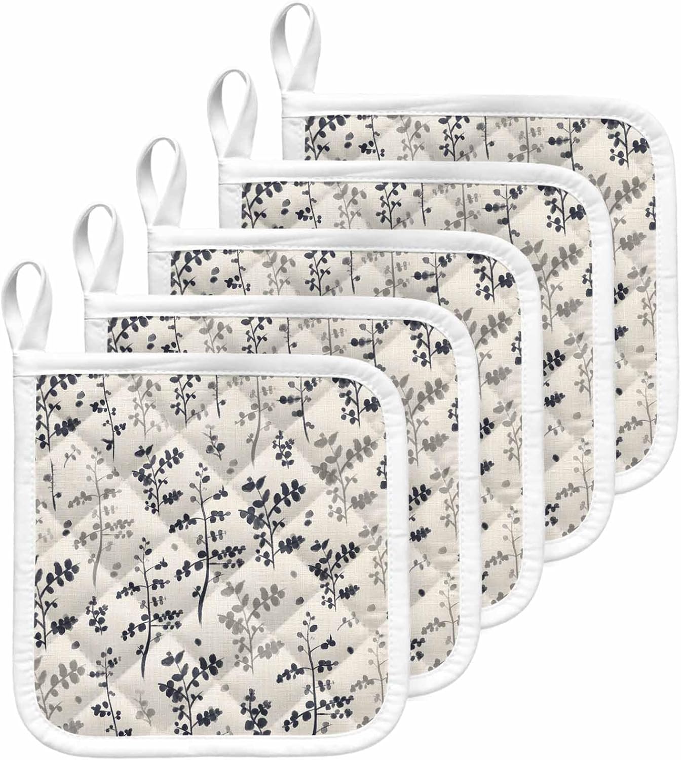 Grey Black Botanical Pot Holders for Kitchen Heatproof Potholder, 5 Pack Rustic Country Spring Floral Summer Leaf Hot Pads Multipurpose Oven Pads Cloth Potholders Trivet for Cooking Baking