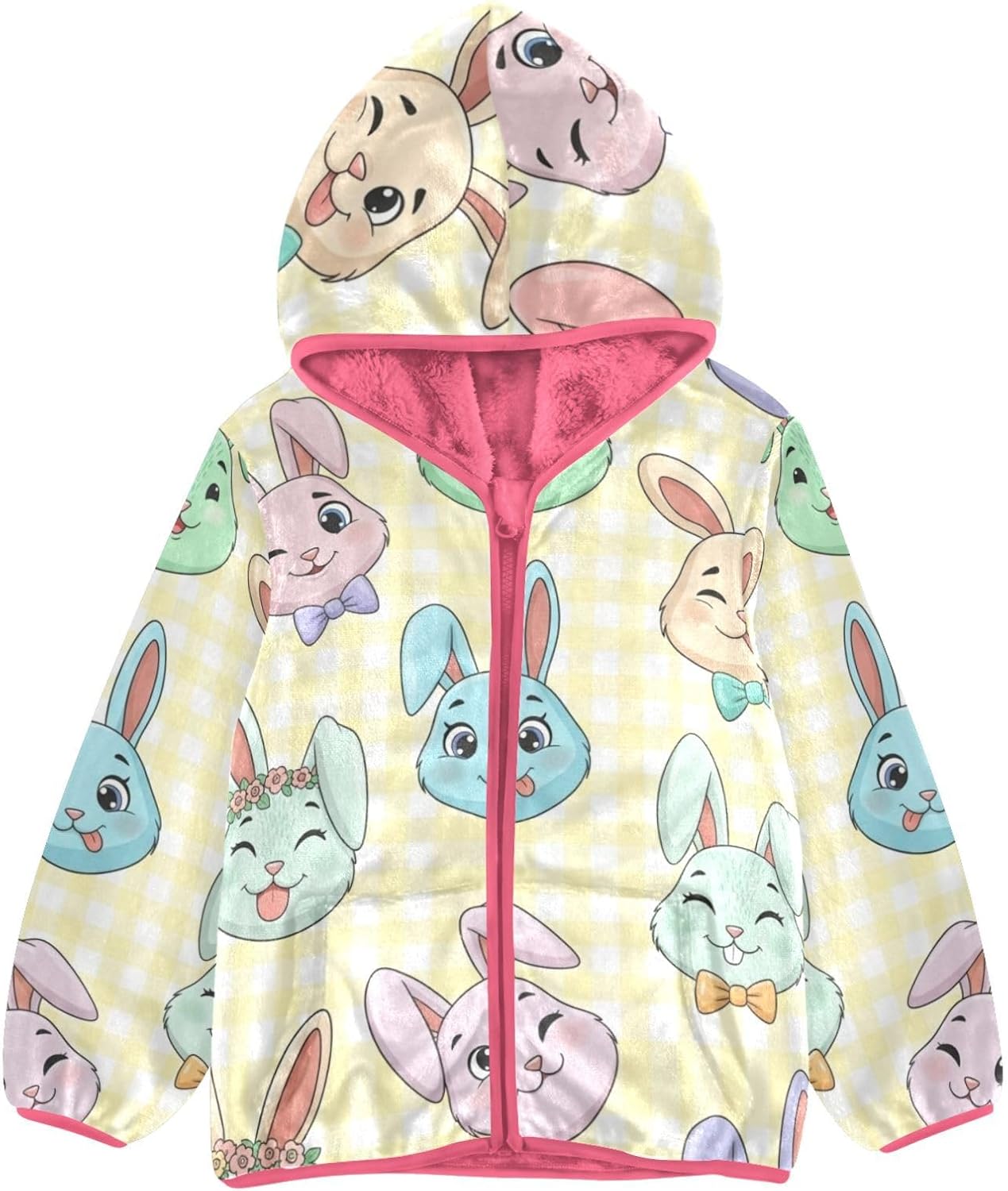 GuoChe Colorful Bunny Faces Pattern Hooded Fleece Jacket Toddler Kids Plush Jackets