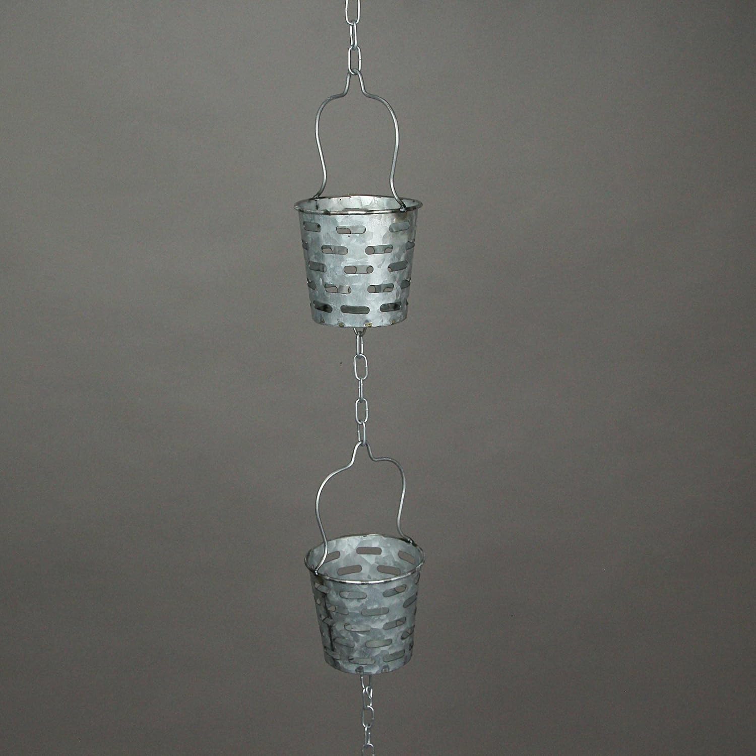 Zeckos Galvanized Grey Metal Olive Bucket Pail Style Rain Chain Gutter Downspout Accent, 74 Inches Long - Easy Install - Adding Rustic Charm to Your Outdoor Décor