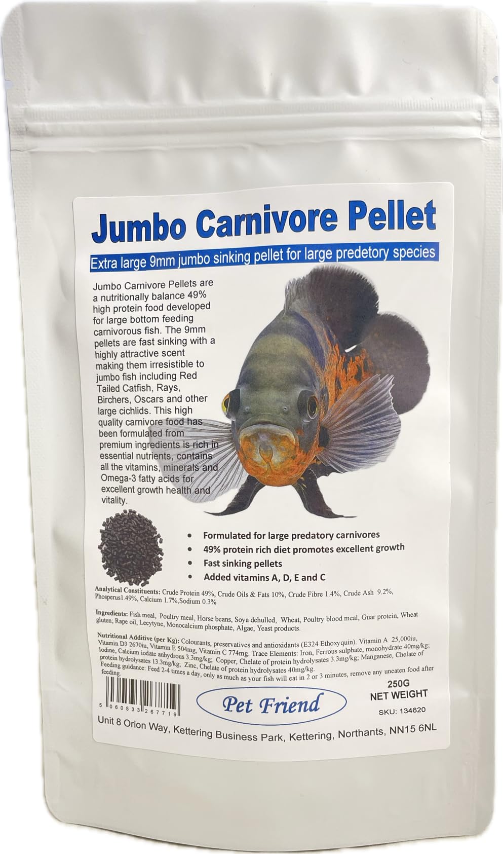 Pet Friend Sinking Carnivore Pellets Aquarium Tropical Fish Food For Bottom Feeding Catfish & Cichlids 9mm Jumbo 250g Pouch