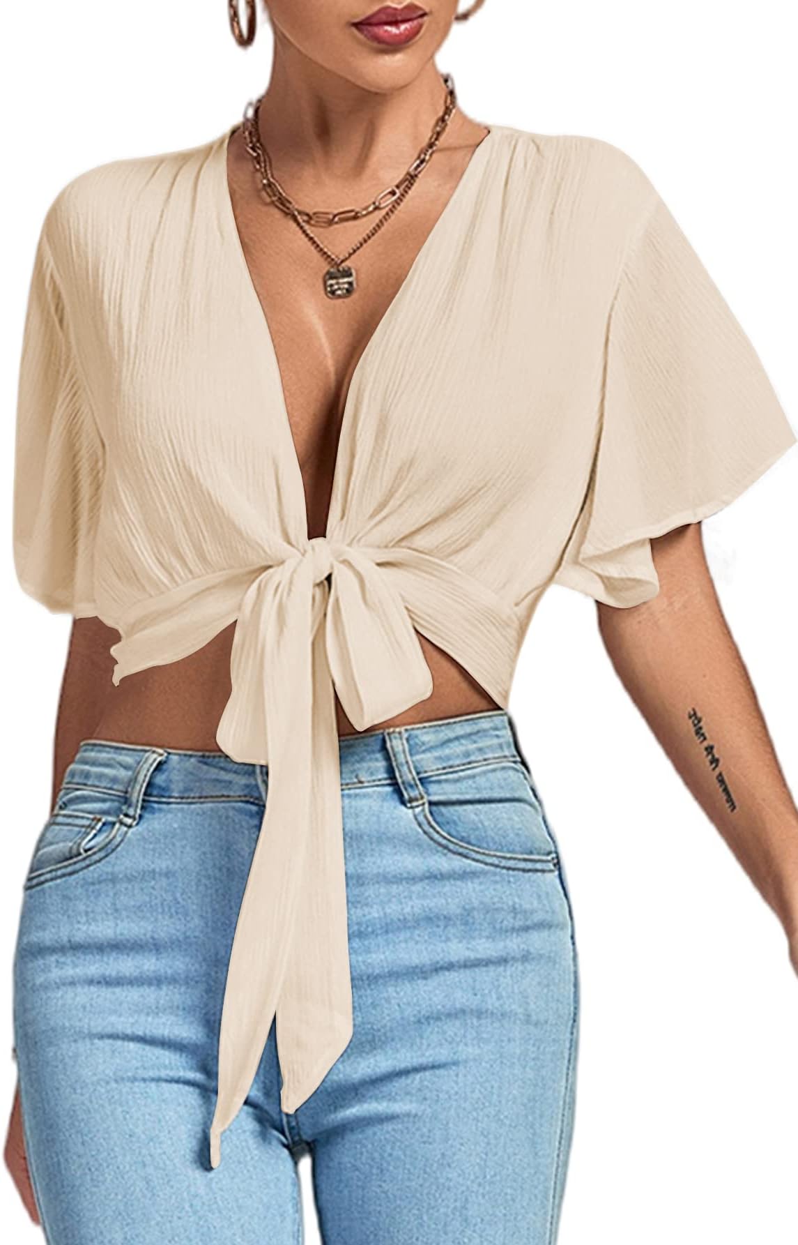 LYANERWomen's Deep V Neck Tie Front Knot Wrap Ruffle Short Sleeeve Crop Top Blouse