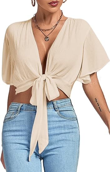LYANER Women's Deep V Neck Tie Front Knot Wrap Ruffle Short Sleeeve Crop Top Blouse