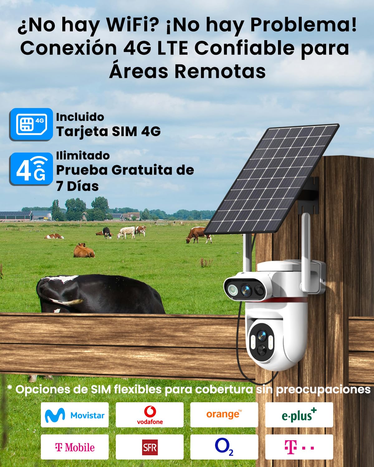 UCOCARE Doble 4MP Camara Vigilancia SIM Exterior Solar, 24/7 Grabación AOV | Doble Lente Camera 4G Solar 8W & Batería 15800mAh, 360° Seguimiento Automático, Detección IA, Visión Nocturna Color, IP66