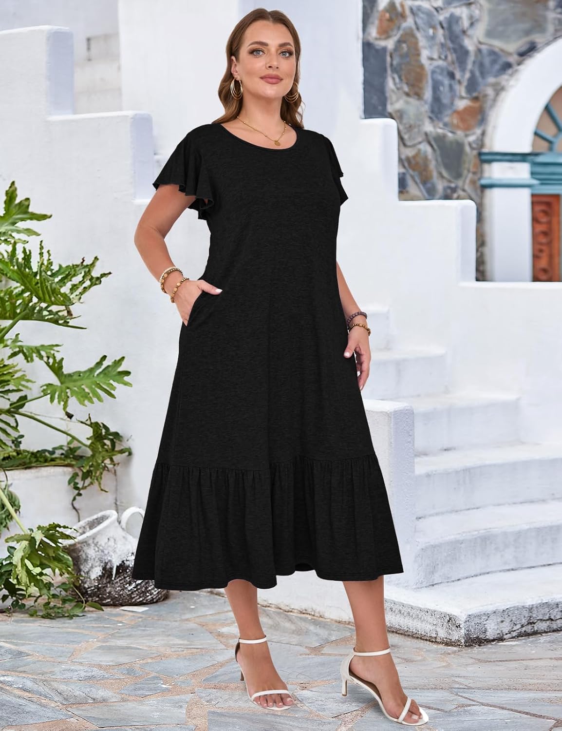 MONNURO Women Summer Causal Ruffle Short Sleeve T Shirt Maxi Beach Long Dress with Pockets - Image 3