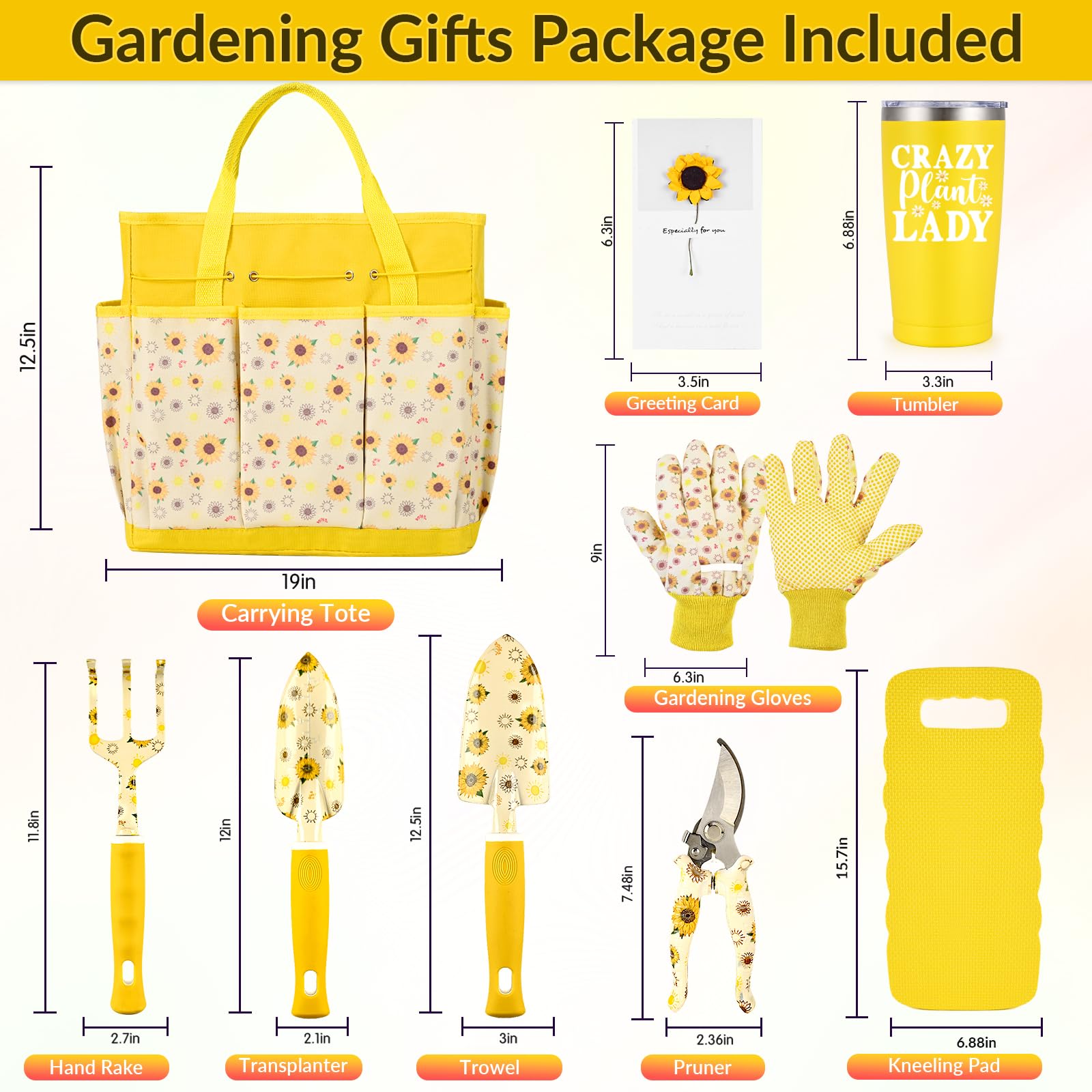 Regalos de jardinería para mujeres, herramientas de jardinería para mujeres, juego de 9 herramientas de jardín de girasol con bolsa de herramientas de jardín, cumpleaños para el día de la madre, para