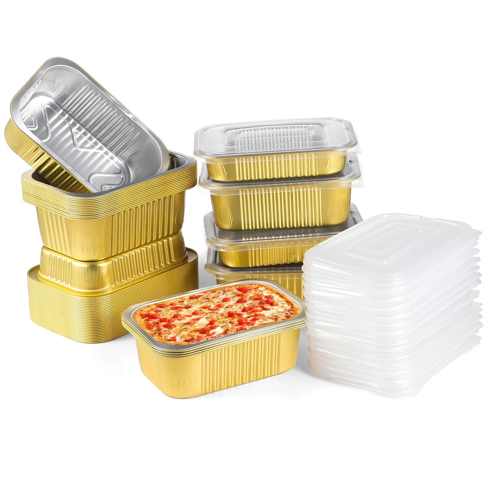 Confezione da 50 teglie da forno in alluminio resistente con coperchio, contenitori usa e getta da asporto per cucinare, riscaldare, preparare i pasti, avanzi, microonde e forno, 2 varianti di