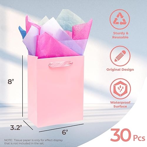 Miniatura 2 de UnicoPak 30 bolsas de regalo rosas de tamaño pequeño de 6 x 3.2 x 8 pulgadas, superficies de acabado brillante con asas, pequeñas bolsas de regalo,