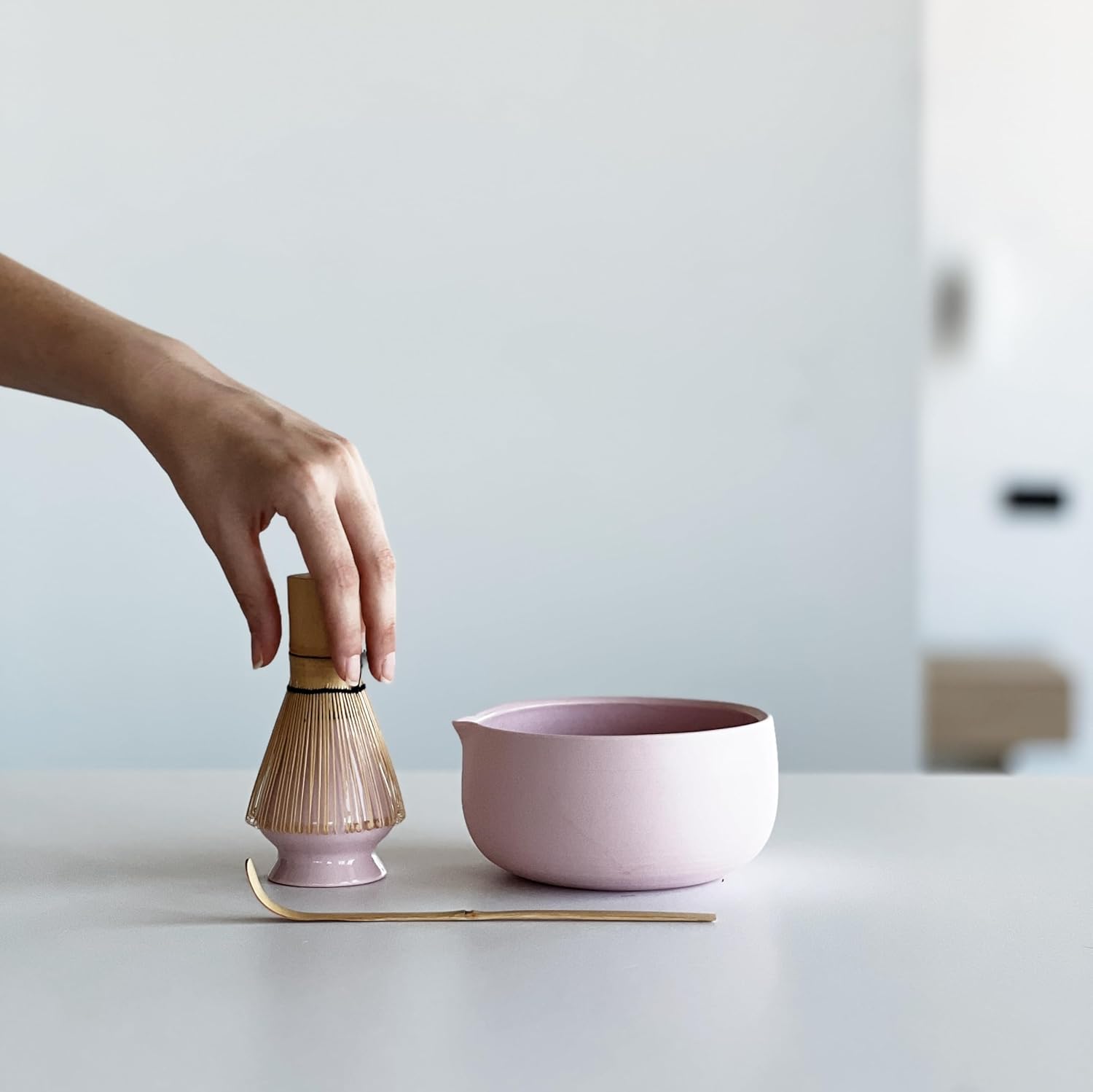Handmade Pink Matcha Bowl & Whisk Holder Set – Minimal Ceramic Chawan & Bamboo Whisk Stand