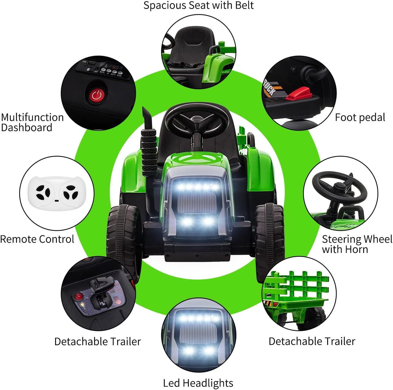 12V Kids Ride On Tractor Battery Powered Electric Tractor with Trailer, EVA Treaded Tires, LED Headlights, Remote Control, 2+1 Gear Shift, MP3, USB (Green)