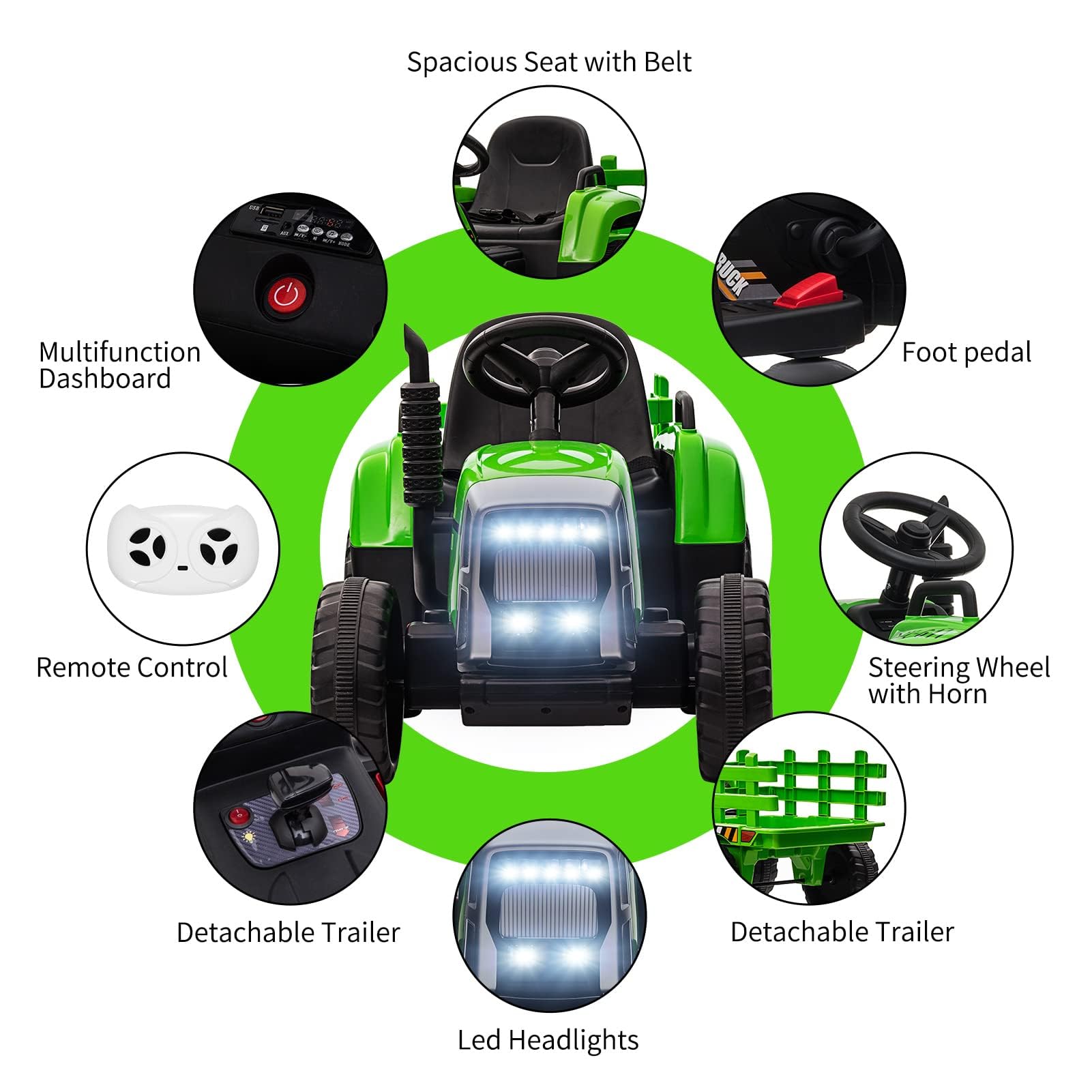 Garvee Trattore Elettrico Per Bambini, Rimorchio Rimovibile, 6 Ruote, Verde | 12V, 2.4G telecomando, Clacson, Musica Integrata, Radio, 3 Velocità, Doppio Motore, Connessione Wireless, Porta USB