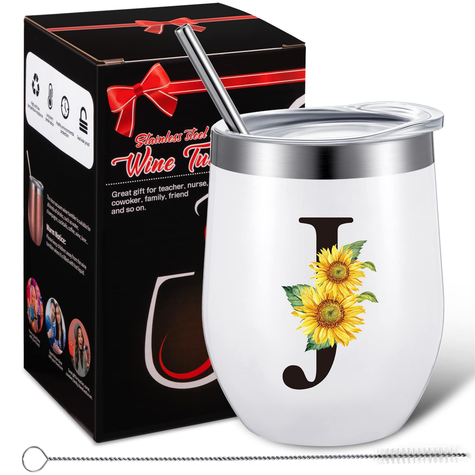 Zopeal Funny Personalized Coffee Mug Cup with Initials, Monogrammed Gift for Women Mom Teacher Birthday Christmas Wedding, 12 oz Stainless Steel Wine Tumbler with Brush Straw Gift Box(J)