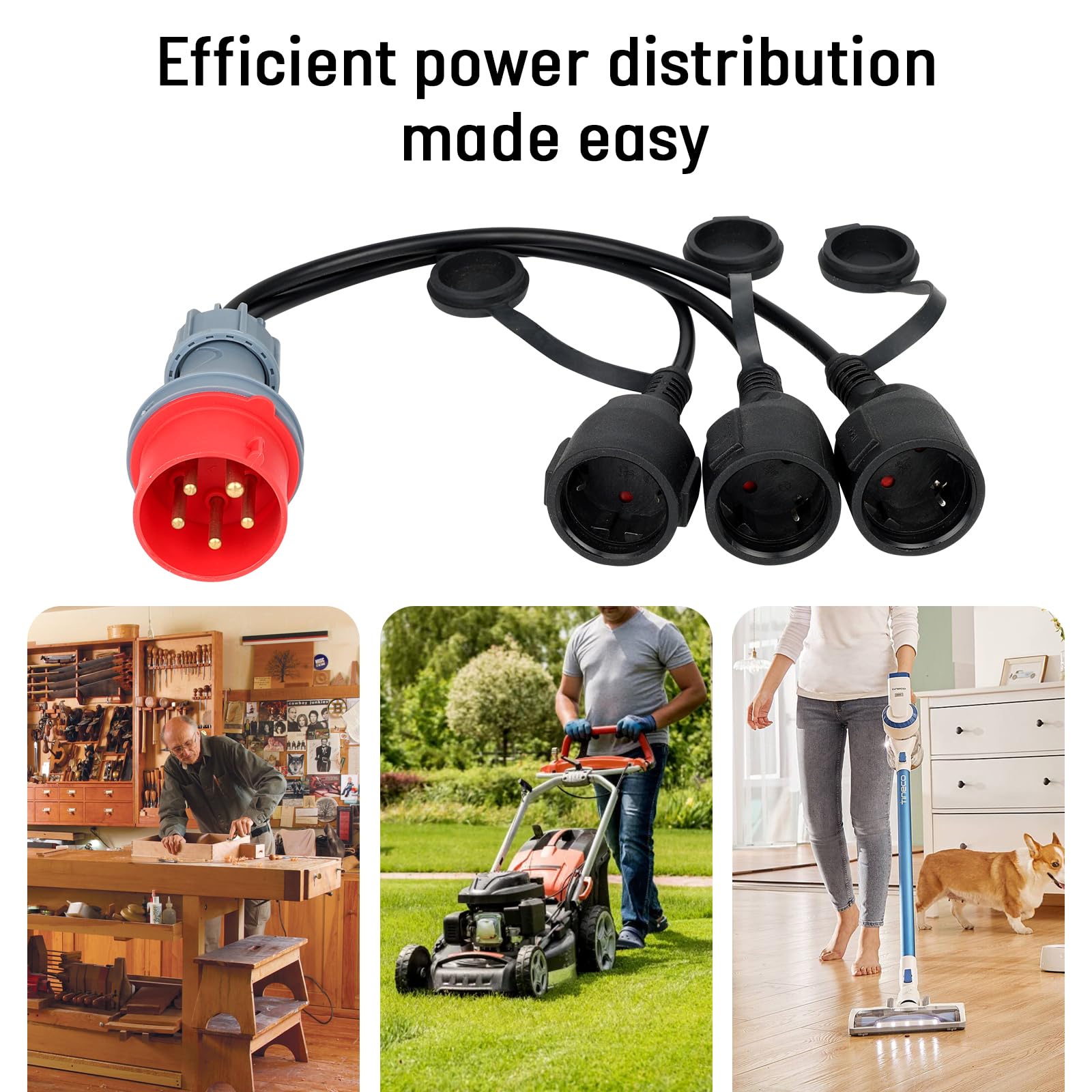 Adaptateur CEE - Répartiteur de courant fort - 400 V - 16 A - Fiche vers 3 x 230 V - Câble d'extension de courant fort - Câble adaptateur CEE de camping avec couvercle rabattable et fiche de contact