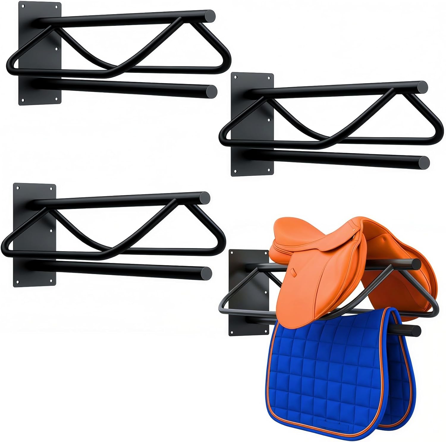 4 Pack Wall Mounted Saddle Racks with Pad Bar,Heavy Duty Black Saddle Rack, Sturdy Saddle Rack for British Western Saddles, Blankets and Racks