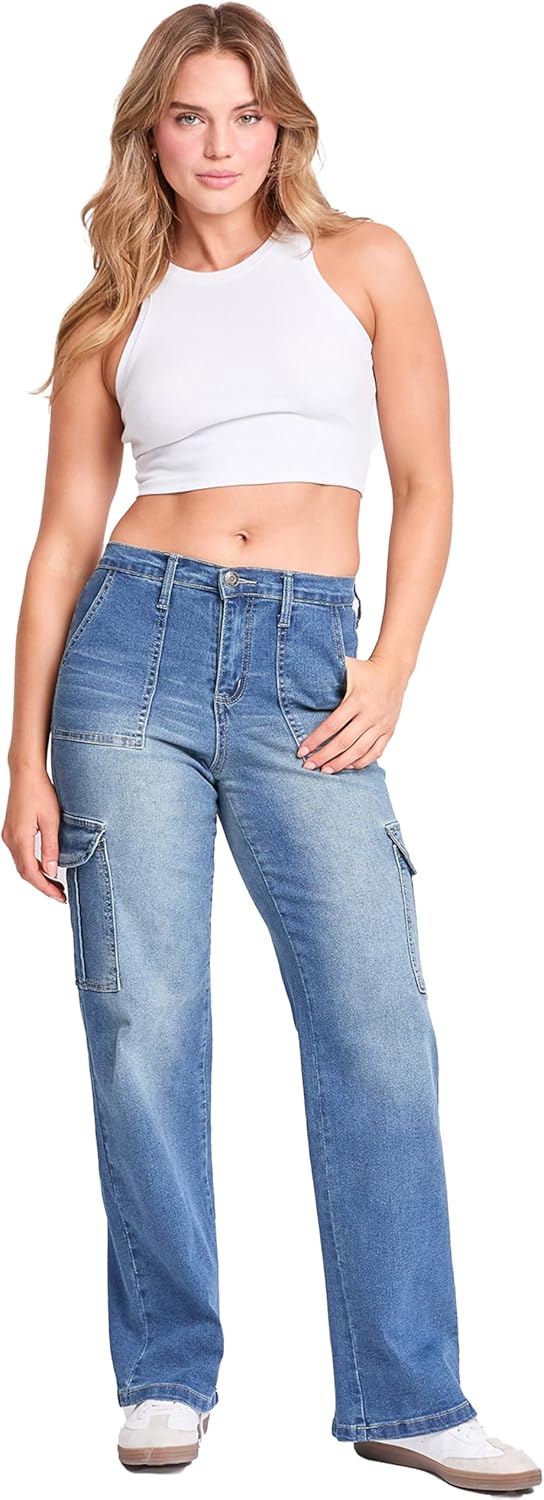 YMI Womens YMI Jeans Women's High Rise Elastic Waist Cargo Straight Leg Jeans - Image 5