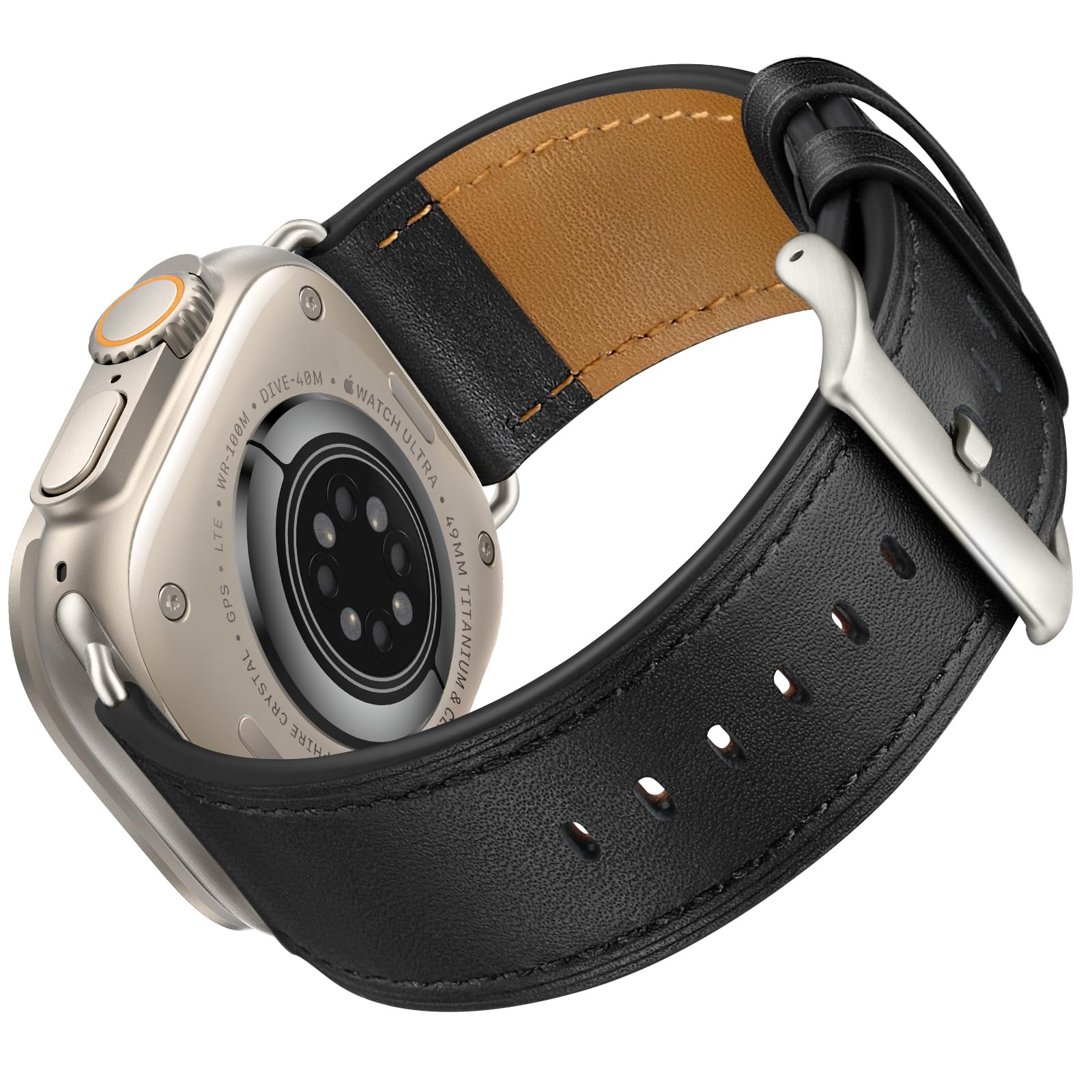 OUHENG Compatible with Apple Watch Band 46mm/49mm/42mm/44mm/45mm, Genuine Leather Strap Replacement Band Compatible with iWatch Ultra 2/1 Series SE/4/5/6/7/8/9/10/3/2/1 Classic Black Titanium