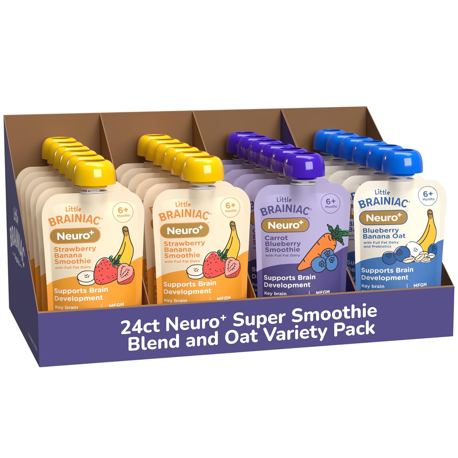 Little Brainiac Neuro+ Smoothie, Oats and Prebiotic Blend 3 Flavor Variety Pack, Baby Pouches with MFGM, Omega-3s DHA/EPA, and Choline, Clean Label and BPA Free, 24 Pack