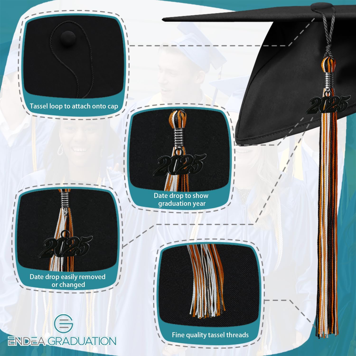 Endea Graduation Mixed Triple Color Tassel with Black Date Drop (Black/Orange/White, 2025)