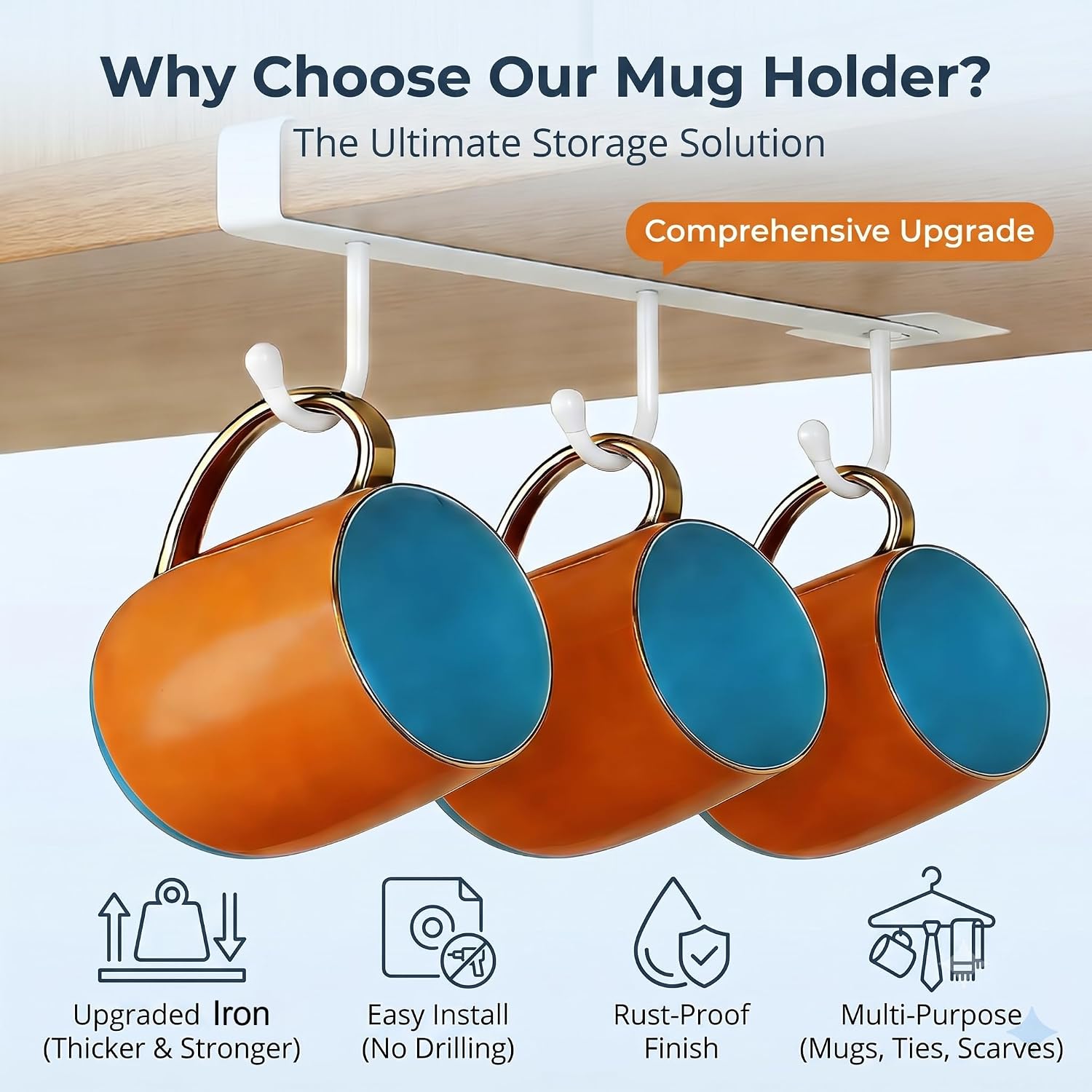 Under Cabinet Coffee Mug Holder, Clip-On Mug Rack with 3 Hooks for Flat Shelf, No Drill Cup Holder for Mugs & Utensils - Coffee Bar Accessories, Mug Holder for Kitchen-White