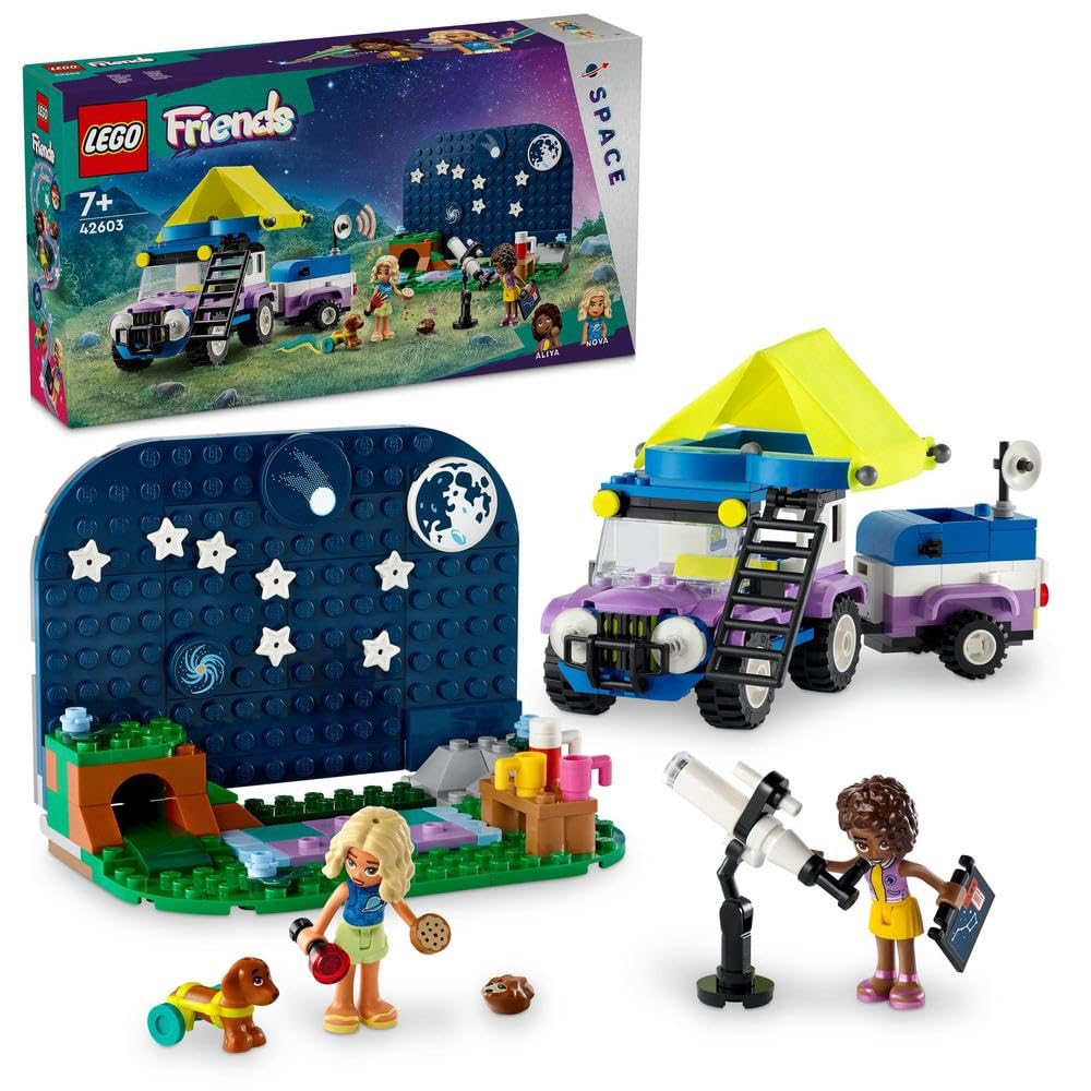 LEGOFriends Stargazing Camping Vehicle Set with 4x4 Car Toy for 7 Plus Year Old Kids Featuring Nova and Aliya Minidoll Characters, Plus Dog and Hedgehog Animal Figures, Ramadan Gift Idea 42603