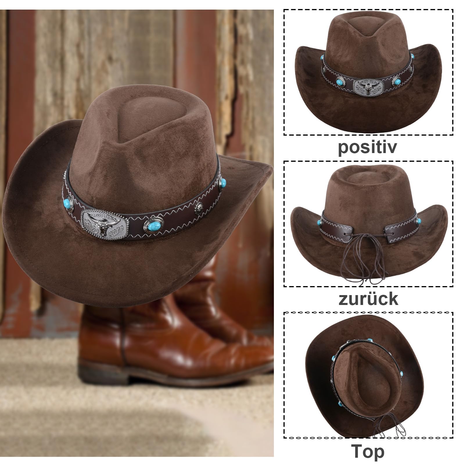 Cappello da cowboy per uomo e donna, traspirante, con fascia interna regolabile (56-58 cm), stile occidentale con tesa di 7 cm, per esterni, marrone, M