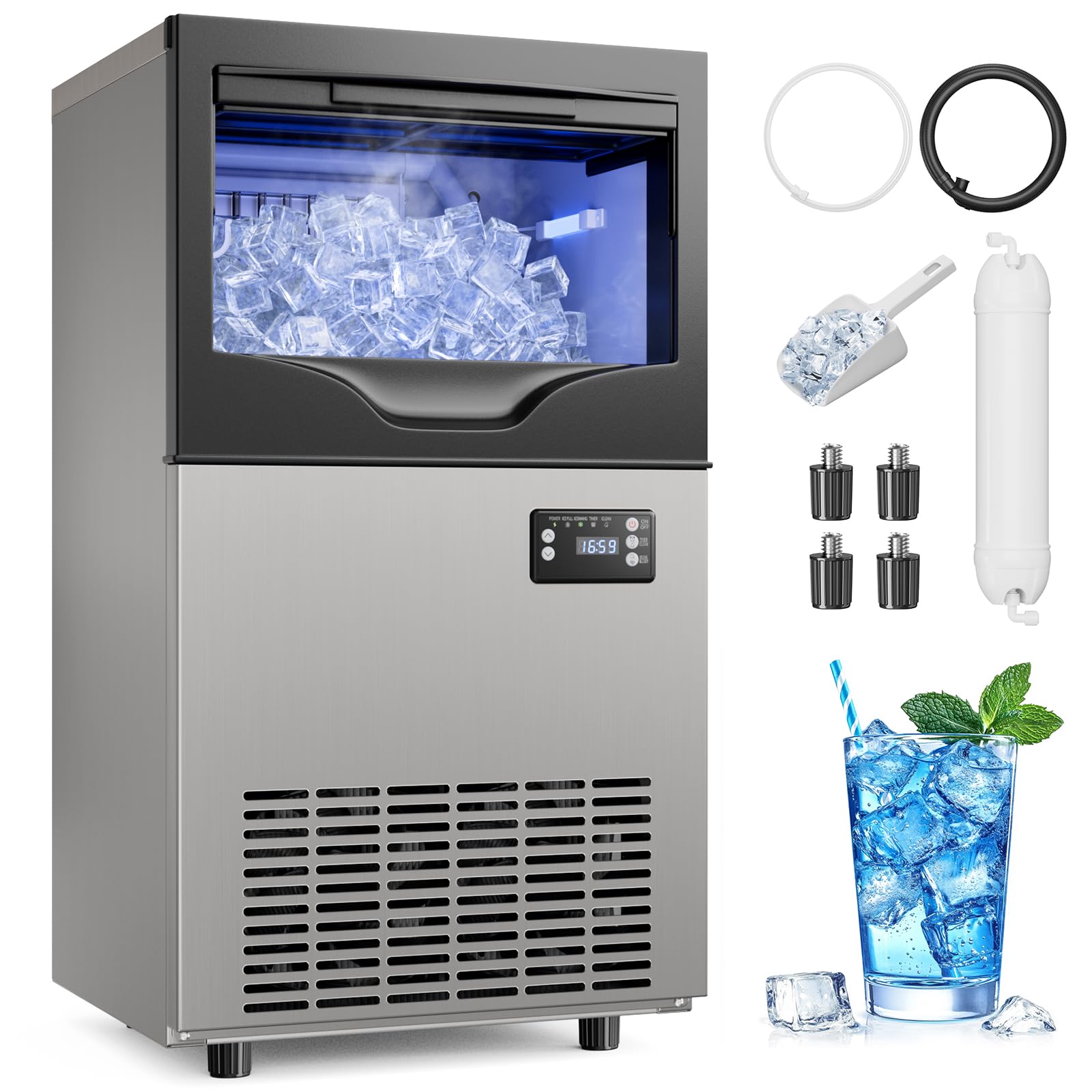 Mojgar Commercial Ice Maker Machine,100lbs/24H Stainless Steel Freestanding Commercial Ice Machine,Under Counter Ice Maker for Bar, Coffee Shop