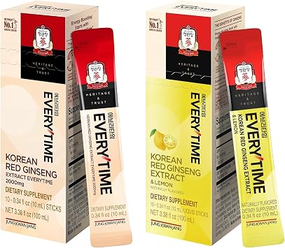 JUNG KWAN JANG Everytime Korean Red Ginseng Liquid Stick Bundle - 2,000mg Red Ginseng Extract with Propolis + 1,050mg Red Ginseng & Lemon - Caffeine-Free 20 Sticks Total