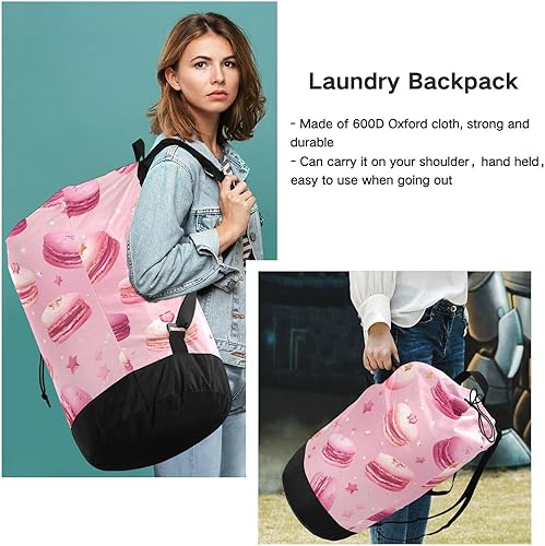 Vista 242 de Mochila de lavandería con correas ajustables para el hombro, bolsa de lavandería sucia para viajes, campamento, universidad, resistente, Rosa floral