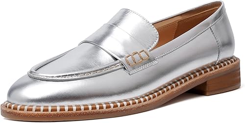 FOGEENA Mocasines de cuero mate para mujer, estilo casual, sin cordones, punta redonda, tacón bajo grueso, zapatos de vestir de 1 pulgada