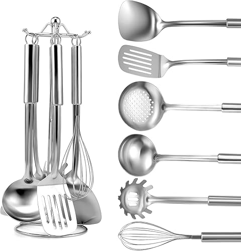 Miniatura 8 de Juego de 6 piezas de utensilios de cocina de acero inoxidable, utensilios de cocina con mango suspendido, espátula, espumadera, cucharón, cuchara
