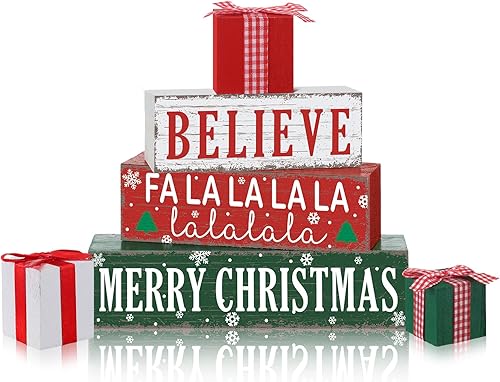 Miniatura 25 de Geelin 4 piezas de decoración de mesa de madera de Navidad de búfalo rojo y blanco, letreros rústicos para decoración de bandeja escalonada de gnomo