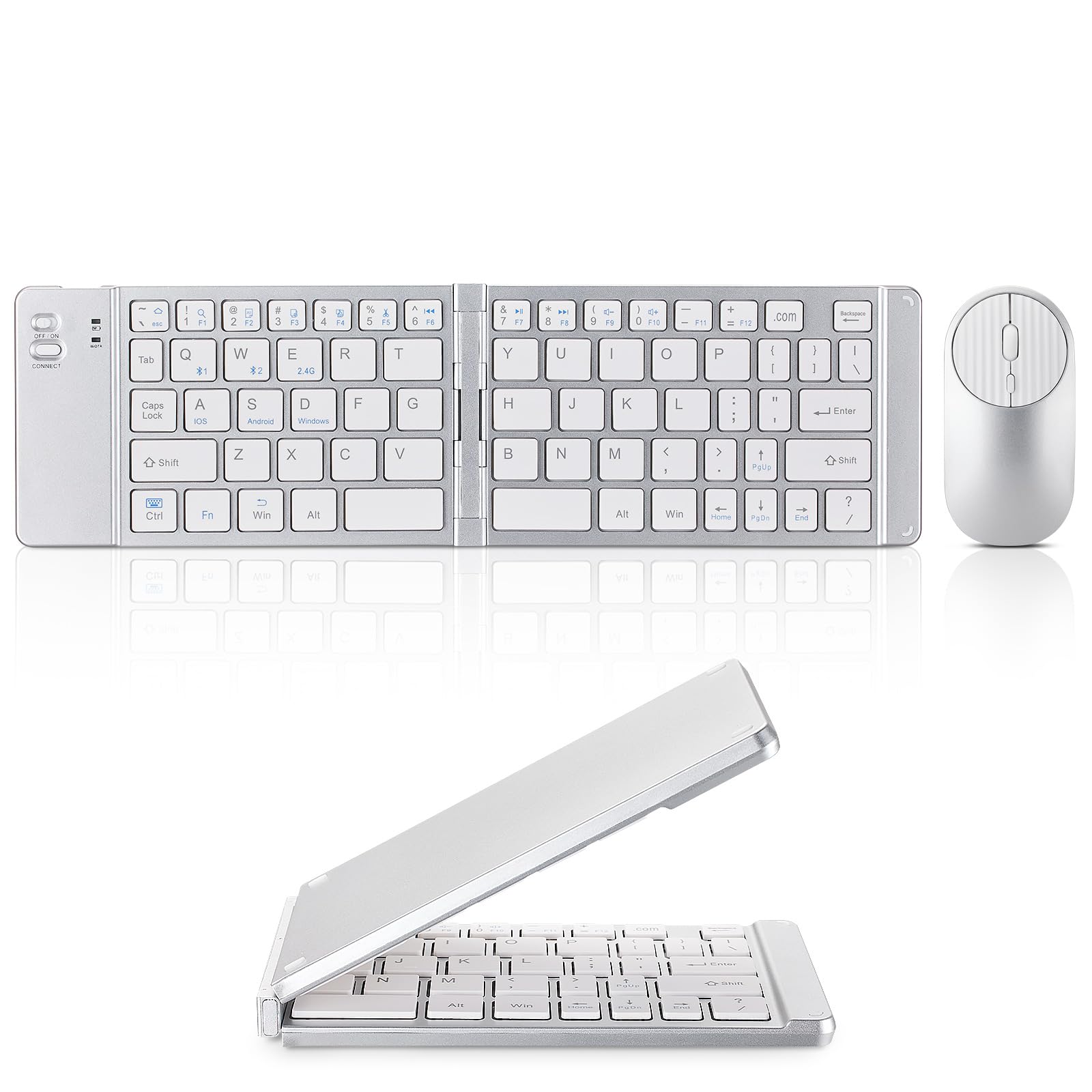 Mini Rechargeable Foldable Bluetooth Keyboard and Mouse Combo, Portable (Sync Up to 3 Devices), Ultra-Slim Travel Folding Keyboard for iPhone iPad Mac Android Windows iOS（Silvery White）-image-47