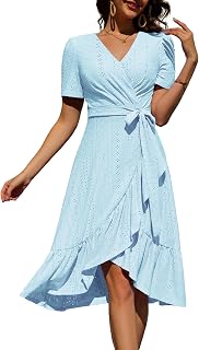 Women Eyelet Summer Dress Short Sleeve V Neck Ruffle Wrap Spring Wedding Guest Sun Vacation Midi Casual Dresses