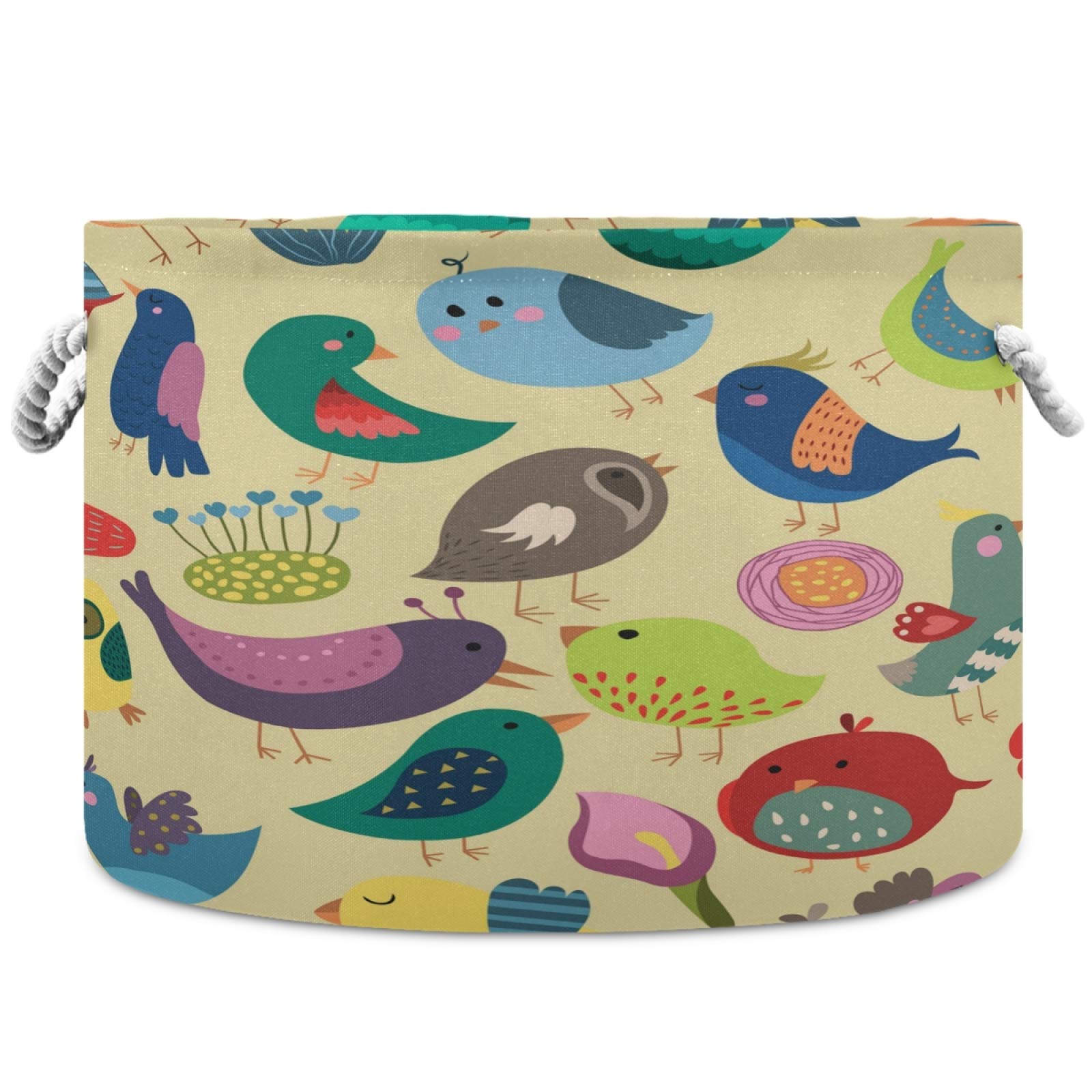 visesunny Cute Colorful Bird Cartoon Floral Collapsible Large Capacity Basket Storage Bin with Durable Cotton Handles, Home Organizer Solution for Office, Bedroom, Closet, Toys, Laundry