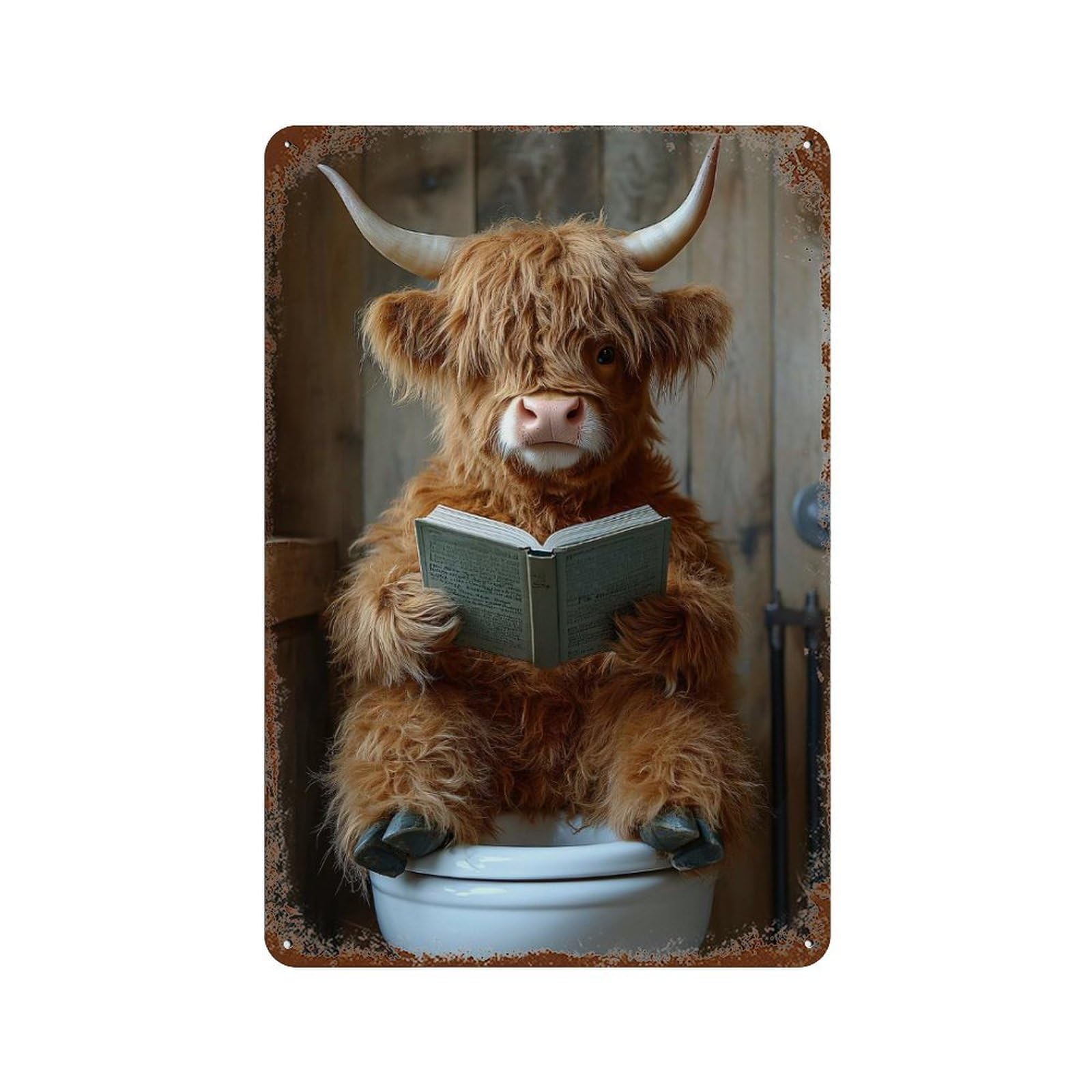 Highland Cow Reading on Toilet Rusty Metal Tin Sign 11.8"x7.9", Vintage Wall Decor for Garage, Pub Or Kitchen